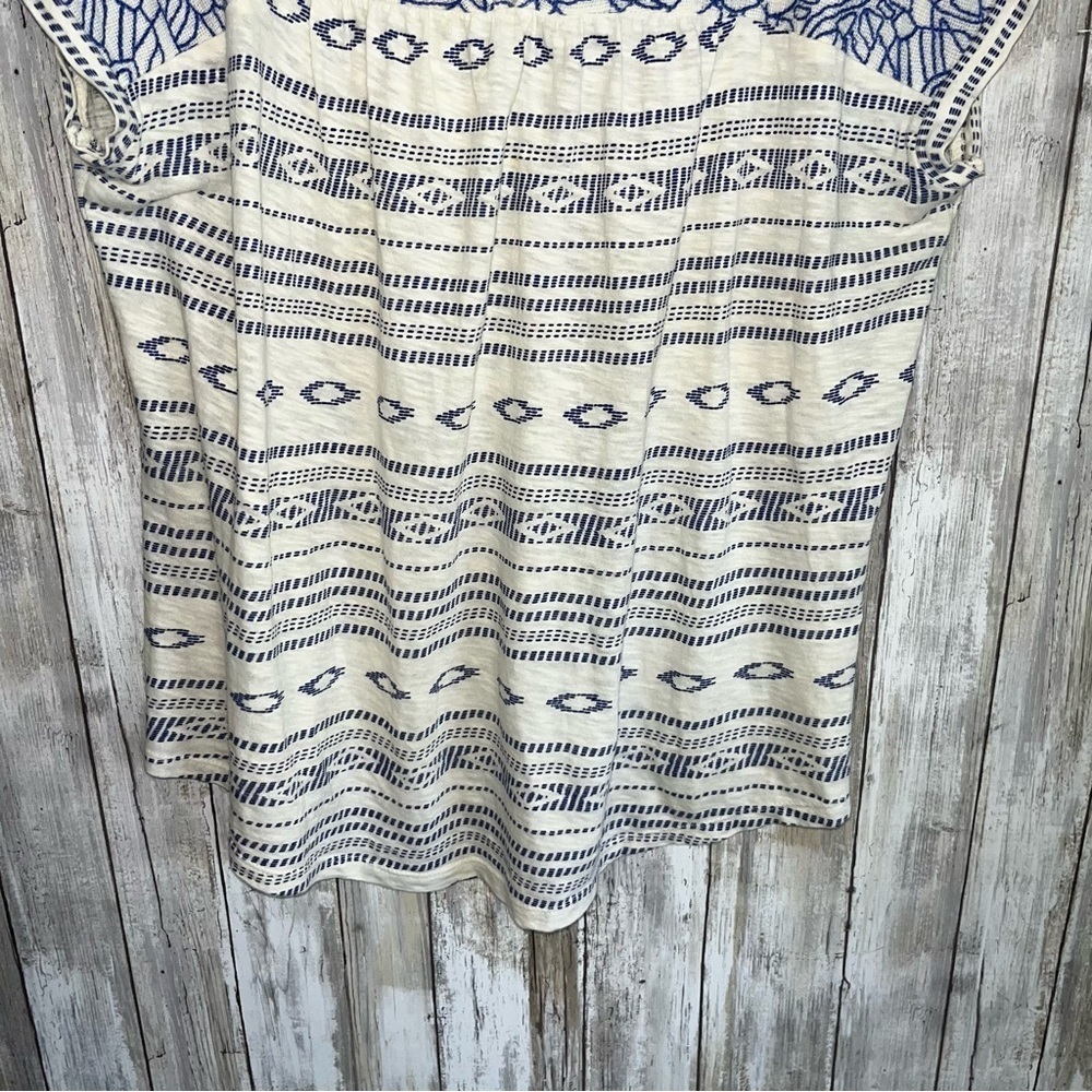 Lucky Brand Santorini Embroidered Boho Cotton Blue White Blouse Large - Picture 4 of 5